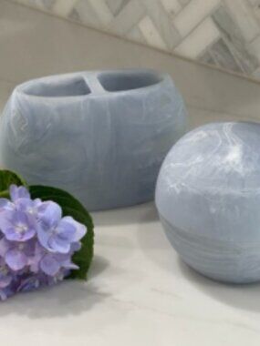 Kassatex Luna Blue Bath Set Cotton Jar + Holder-NEW